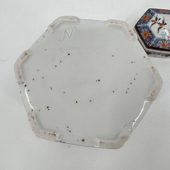 Hexagon Asian Handpainted Ceramic Ginger Tea Jar Mid Century Modern Birds MCM - Picture 8 of 9